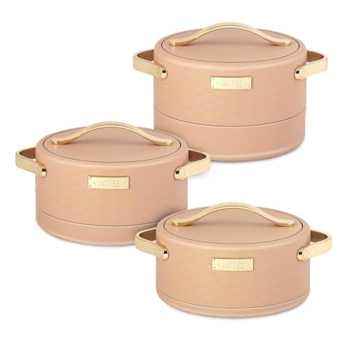 JAYPEE Luxura Klass Set Inner Steel Serving Painted Casserole Set Of 3 Toughened Glass Lid Advanced PU Insulated 100% Food Grade Lockable Hot Box Easy To Keep Roti,Pulao & More|1500,2000,2500 Ml,Brown - Image 1