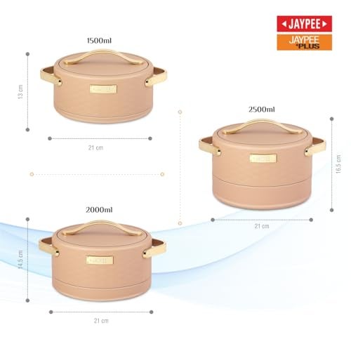 JAYPEE Luxura Klass Set Inner Steel Serving Painted Casserole Set Of 3 Toughened Glass Lid Advanced PU Insulated 100% Food Grade Lockable Hot Box Easy To Keep Roti,Pulao & More|1500,2000,2500 Ml,Brown - Image 5