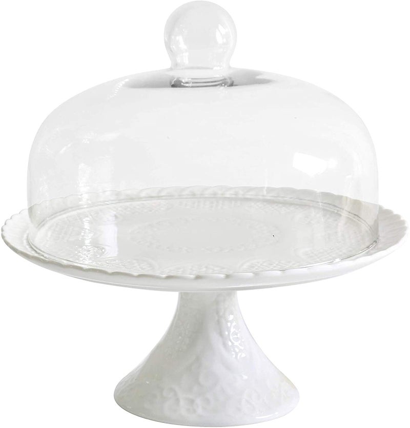 YBK Tech Strength Porcelain Elegant Cake Display Stand Cupcake Stand Embossed Lace Pattern White with Glass Dome Lid