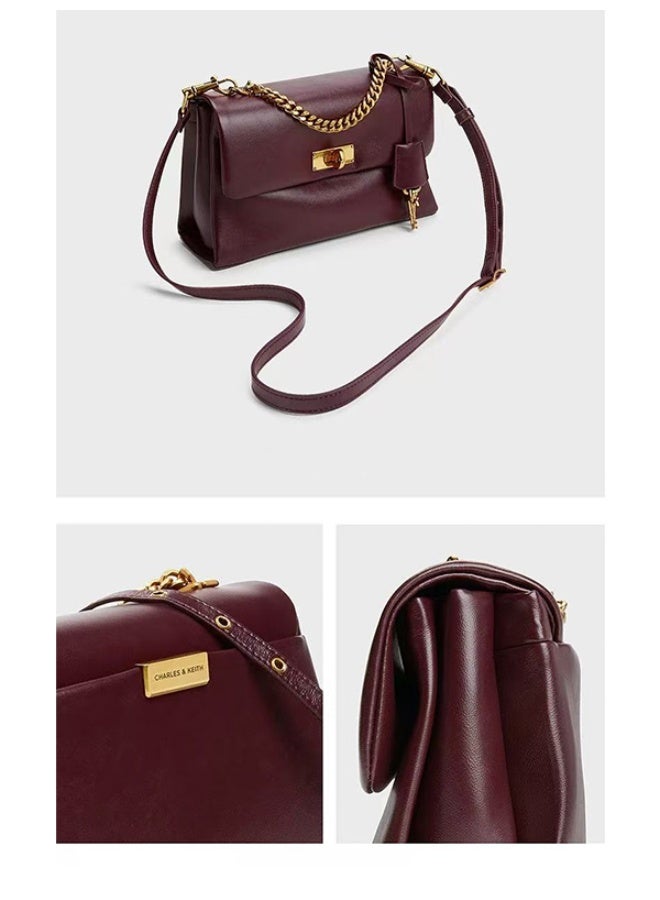 Charles & Keith Red leather shoulder bag with gold chain, women's fashion handbag, suitable for everyday wear, elegant appearance. - Image 3