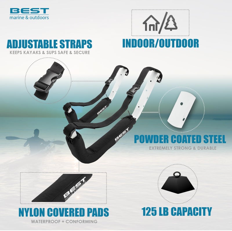Best Marine and Outdoors Kayak Storage Rack, 2 Premium Wall Mount Racks for Kayaks & SUP Paddle Boards, 125lb Weight Capacity, Indoor Outdoor Paddleboard & Kayaking Accessories - Image 5