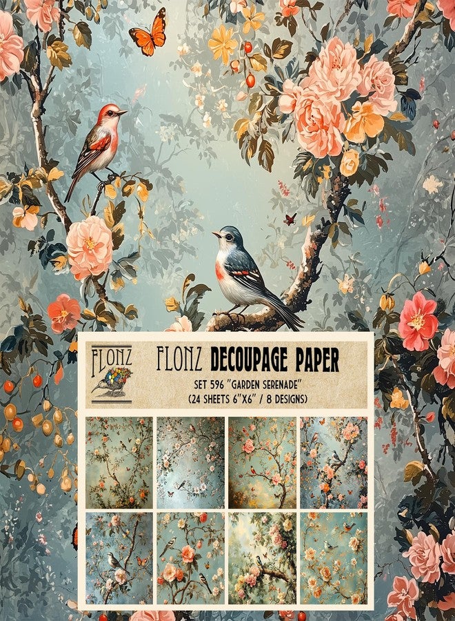 Decoupage Paper Pack (24 Sheets 6"x6") Garden Serenade: Birds and Butterflies Amid Blossoming Branches for Nature-Inspired Paper Designs # Vintage Styled Paper for Craft and Scrapbooking
