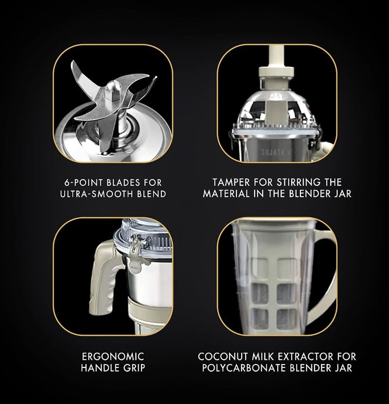 Sujata MG03 Mixer Grinder 1000 Watts Double Ball Bearing Motor|24000 RPM|Non-Stop 90 Mins Running|4 Jars including 1750ml Blender with Coconut Milk Extractor, 1500ml, 1000ml, 500ml Jar| Beige & White - Image 3