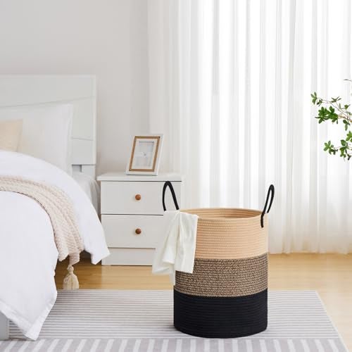 VIPOSCO Large Laundry Hamper, Tall Woven Rope Storage Basket for Blanket, Toys, Dirty Clothes in Living Room, Bathroom, Bedroom - 53L Brown & Black - Image 4
