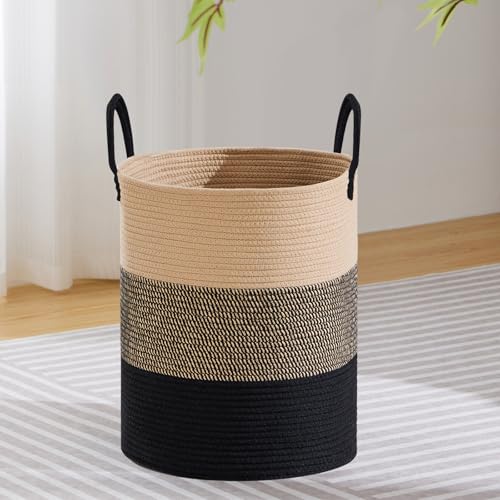 VIPOSCO Large Laundry Hamper, Tall Woven Rope Storage Basket for Blanket, Toys, Dirty Clothes in Living Room, Bathroom, Bedroom - 53L Brown & Black - Image 1