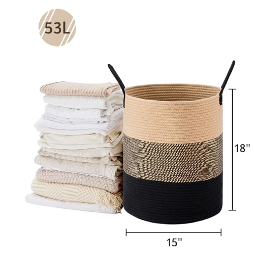 VIPOSCO Large Laundry Hamper, Tall Woven Rope Storage Basket for Blanket, Toys, Dirty Clothes in Living Room, Bathroom, Bedroom - 53L Brown & Black - Image 5