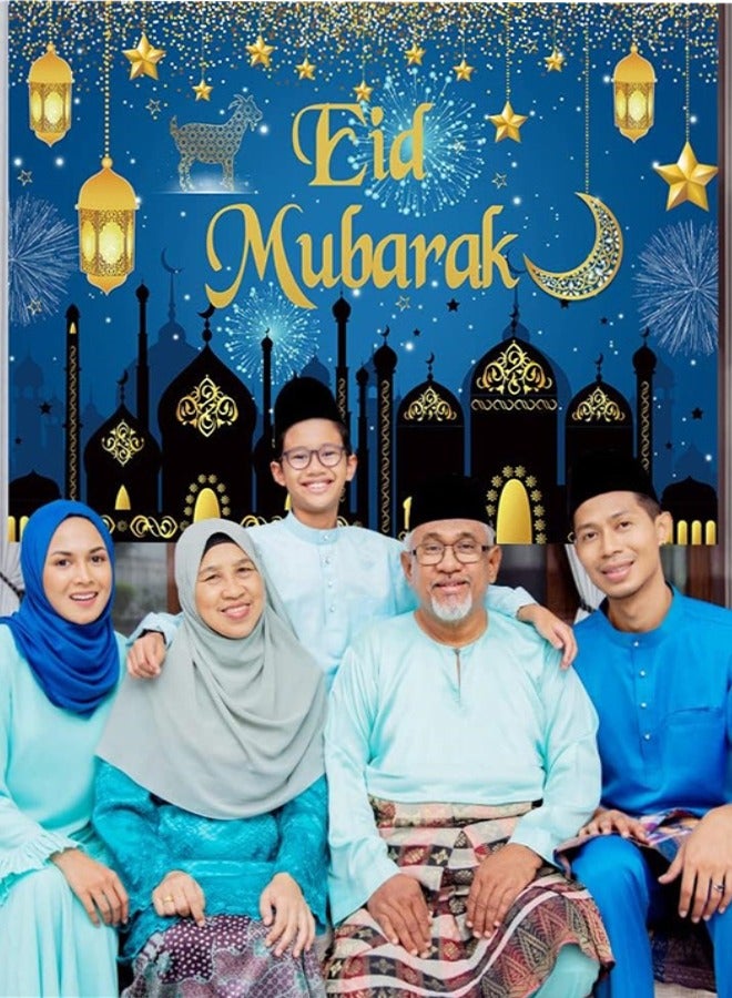 Eid Mubarak Backdrop, Blue Arabian Islamic Muslim Ramadan Mubarak Home Festival Background Moon Stars Lanterns Fireworks Mosque Silhouette Party Supplies Decor (180x110cm) - Image 4