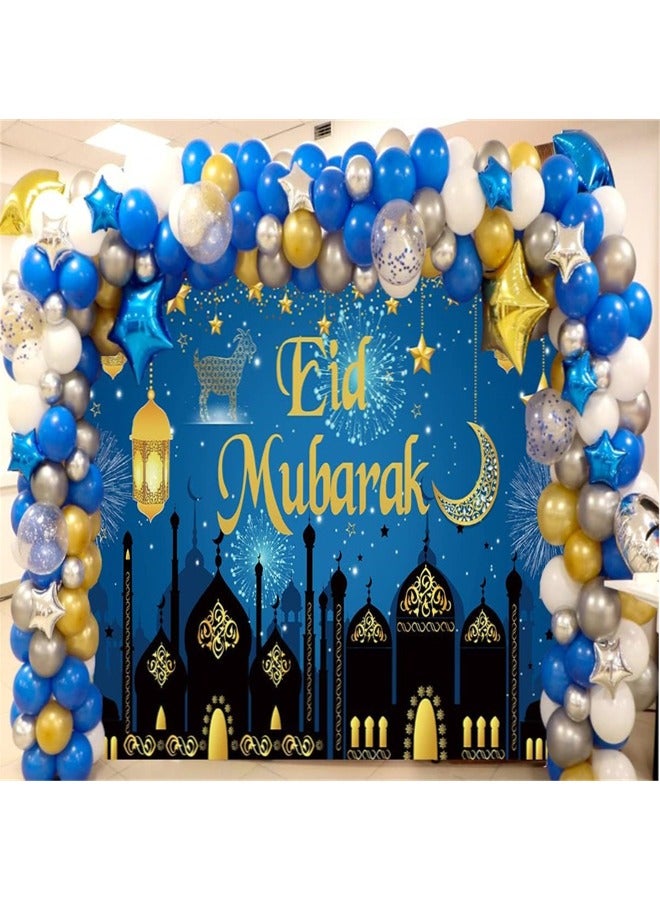 Eid Mubarak Backdrop, Blue Arabian Islamic Muslim Ramadan Mubarak Home Festival Background Moon Stars Lanterns Fireworks Mosque Silhouette Party Supplies Decor (180x110cm) - Image 5