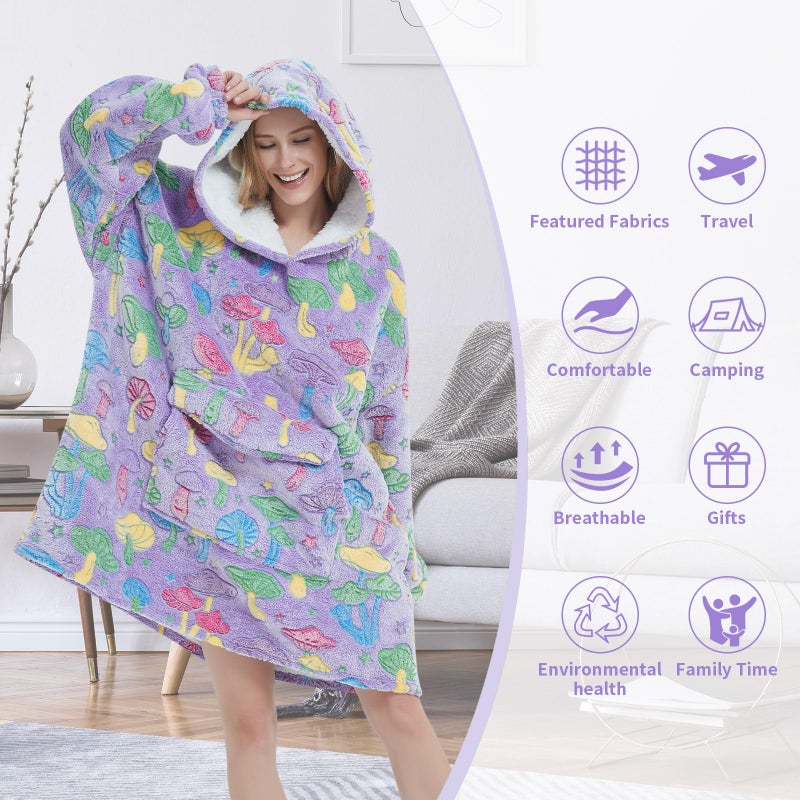 Fiosnow Glow in the Dark Mushroom Blanket Hoodies for Women and Men Adult Oversize Wearable Blanket Hoodies for Soft and Warm - Image 3