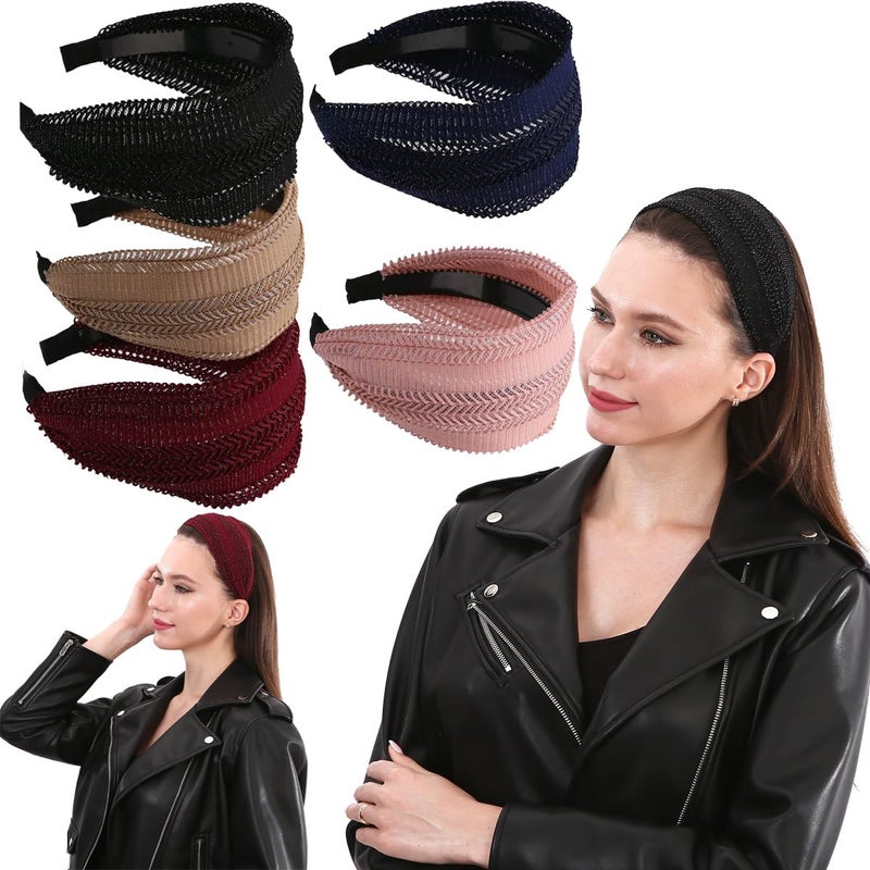 LONEEDY 5 Pack Glitter Wide Headbands for Women Hard Hair Band Velvet Fabric with Teeth for Girls Hair Accessories 5pcs Hollowout Mix Color