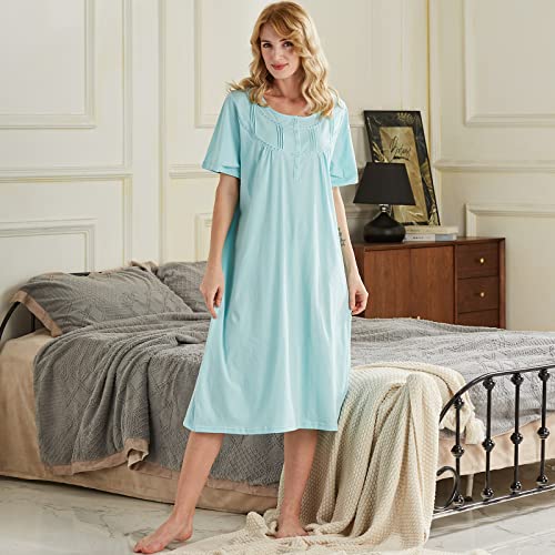 Keyocean Nightgown for Women, Soft Cotton Comfy Lightweight Short-sleeve Ladies Sleepwear, Light Turquoise, Small - Image 3