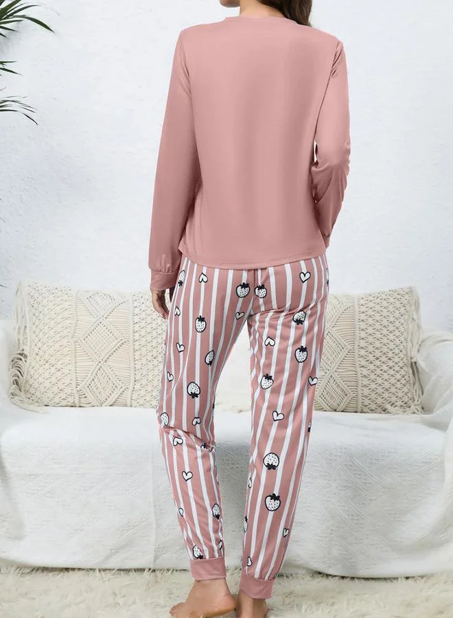 Take Two Take Two Fruit Graphic T-Shirt and Striped Cuffed Pyjama Set