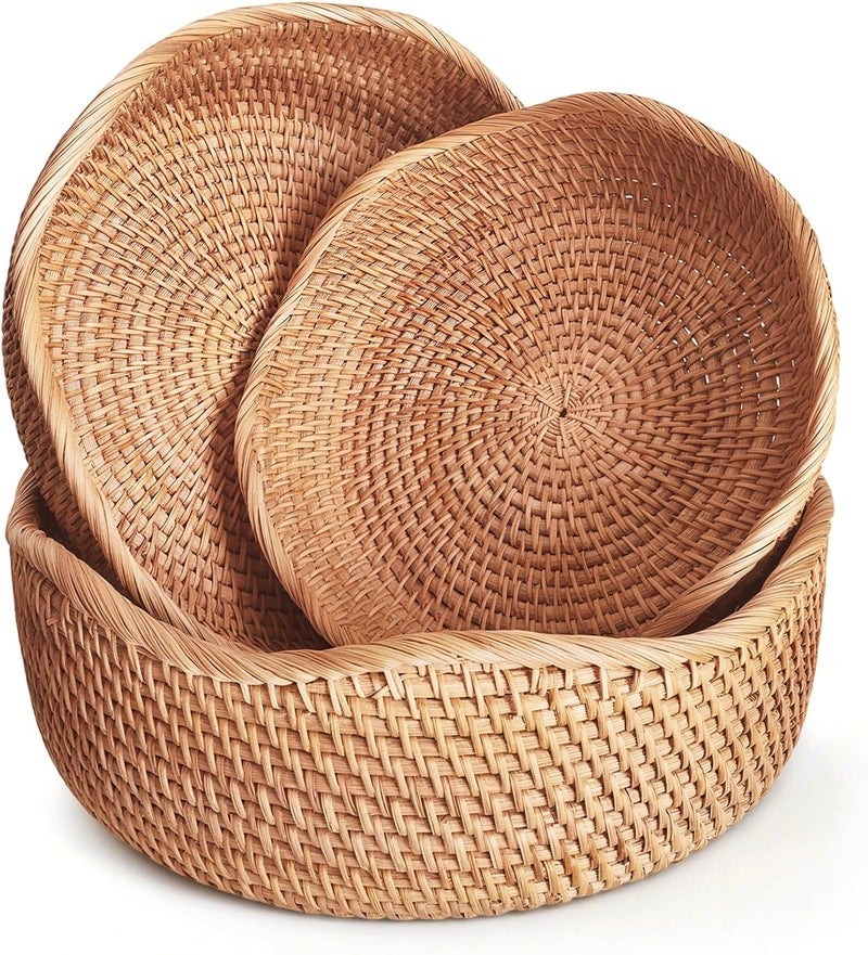 Oavostd Rattan Bread Baskets for Serving, Hand Woven Food Baskets, Natural Wicker Fruit Basket for Kitchen Counter, Decorative Bread Baskets for Gifts, Snacks, Candies, Nuts, Keys, Wallets, Etc.(Wave-Combo) - Image 1