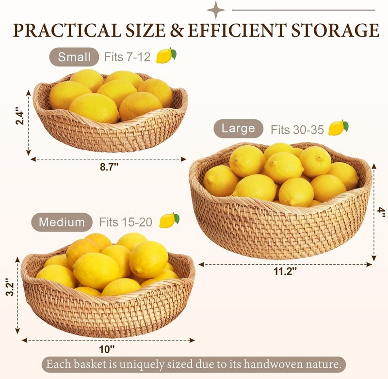 Oavostd Rattan Bread Baskets for Serving, Hand Woven Food Baskets, Natural Wicker Fruit Basket for Kitchen Counter, Decorative Bread Baskets for Gifts, Snacks, Candies, Nuts, Keys, Wallets, Etc.(Wave-Combo) - Image 4