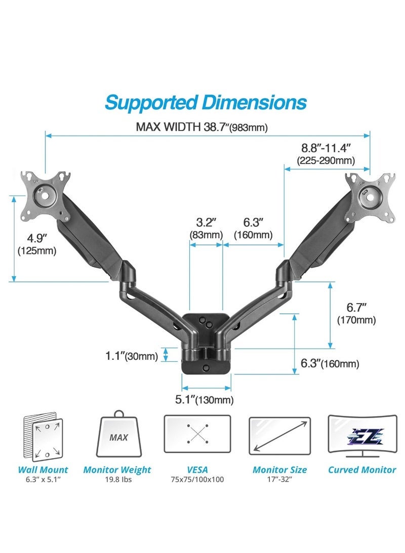 Gravity Dual 17"-32" Monitor Wall Mount fits Two 19.8 lbs Flat/Curved Computer Monitor Full Motion Height Swivel Tilt Rotation Adjustable Monitor Arm - VESA/Cable Management - Image 2