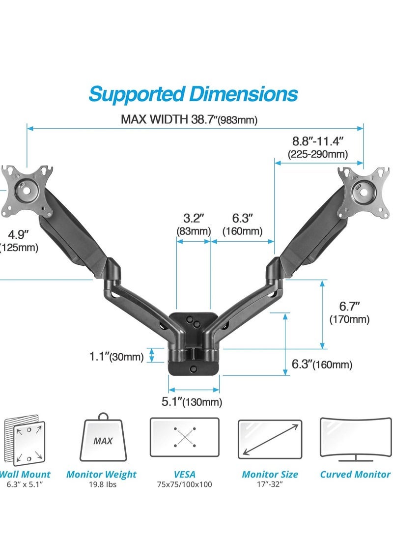 Gravity Dual 17"-32" Monitor Wall Mount fits Two 19.8 lbs Flat/Curved Computer Monitor Full Motion Height Swivel Tilt Rotation Adjustable Monitor Arm - VESA/Cable Management - Image 4