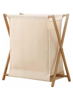 TOMSHOO Bamboo Laundry Hamper Sorter Cart, Portable and Collapsible Folding Clothes Laundry Basket Storage with Removable Liner Bag, X Frame, Bamboo Laundry Organizer Cabinet for Bathroom (White)  - Image 1