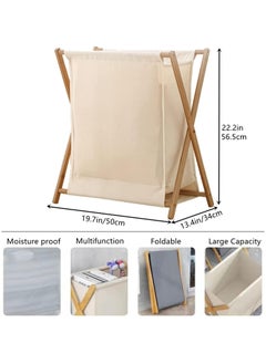 TOMSHOO Bamboo Laundry Hamper Sorter Cart, Portable and Collapsible Folding Clothes Laundry Basket Storage with Removable Liner Bag, X Frame, Bamboo Laundry Organizer Cabinet for Bathroom (White)  - Image 2