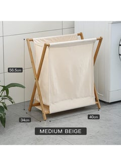TOMSHOO Bamboo Laundry Hamper Sorter Cart, Portable and Collapsible Folding Clothes Laundry Basket Storage with Removable Liner Bag, X Frame, Bamboo Laundry Organizer Cabinet for Bathroom (White)  - Image 5