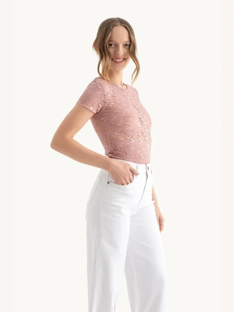 HICCUP Flowers Embroidered Round Neck Mesh Top