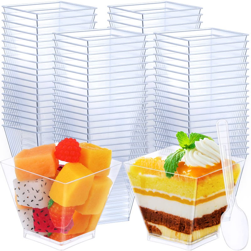 Suclain 200 Pack Dessert Cups with Spoons 2 Oz Square Clear Plastic Disposable Appetizer Parfait Cups for Tasting Party Appetizers Fruit Parfait Trifle Mousse Pudding2 Oz