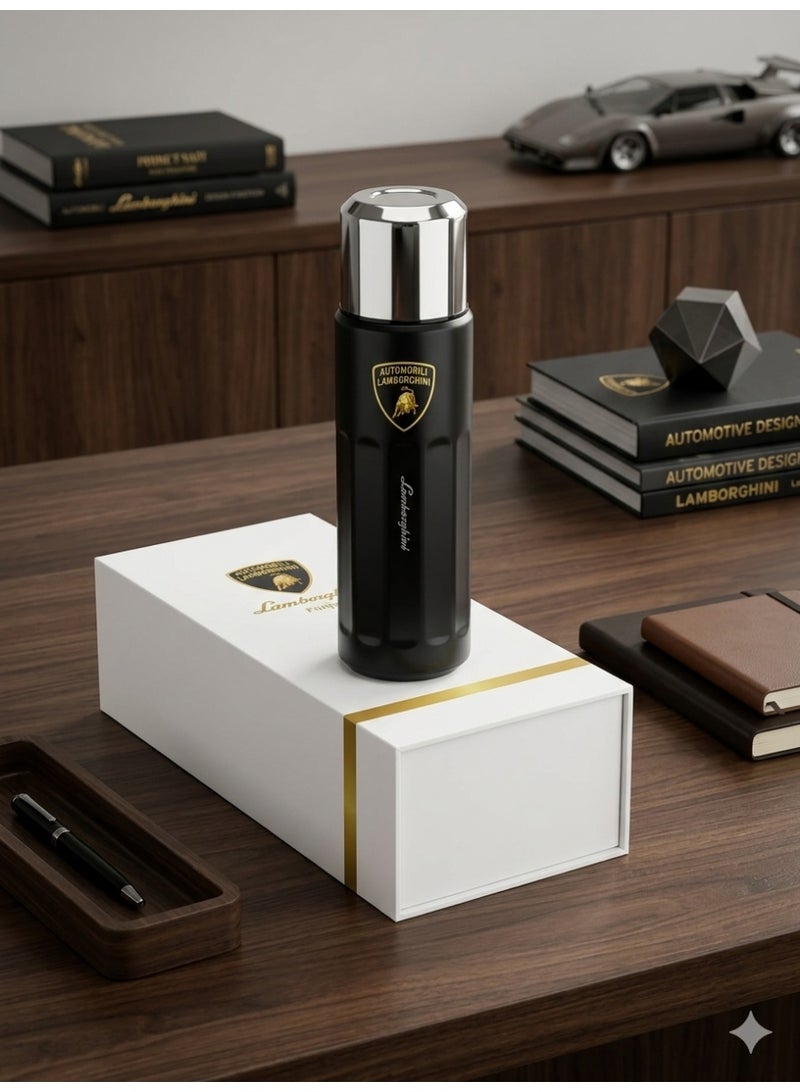 Lamborghini Funjia Black Stainless Steel Water Bottle 500ML Flask Double-Walled Vacuum-Insulated 2 Lids Eco-Friendly Perfect for Cold & Hot Drinks On The Go 100% Leakproof - Gym, School, Work, Travel - Image 4