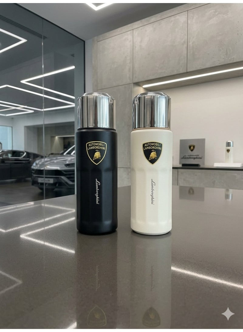 Lamborghini Funjia Black Stainless Steel Water Bottle 500ML Flask Double-Walled Vacuum-Insulated 2 Lids Eco-Friendly Perfect for Cold & Hot Drinks On The Go 100% Leakproof - Gym, School, Work, Travel - Image 3