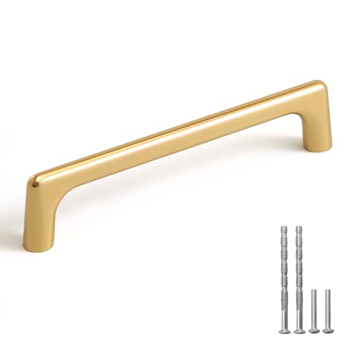 YAGU Modern Cabinet Pulls 10 Pack Polished Brass 5 Inch Hole Center Kitchen Drawer Handles Bright Gold Zinc Alloy Furniture Hardware for Cupboard Dresser Closet - Image 1