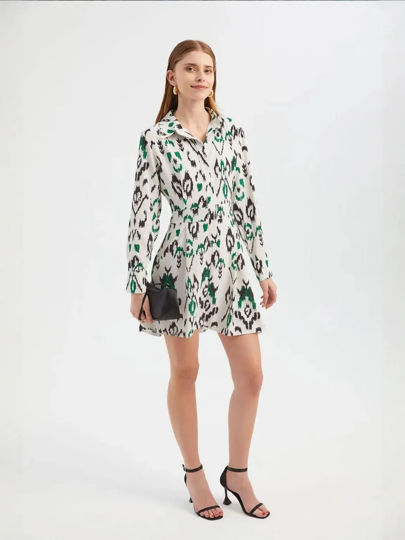 HICCUP Abstract Polo Neck Long Sleeve Mini A-line Dress with a Button Detail