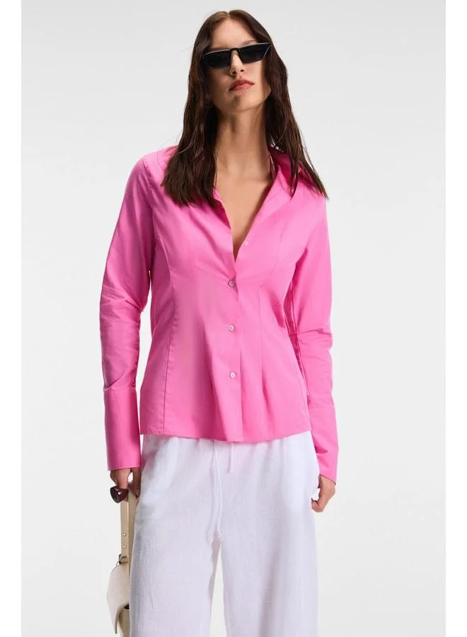 Grimelange PAPILUS Women's Regular %100 Organic Cotton Thin Long Shirt with Collar and Long Sleeves, Pink.