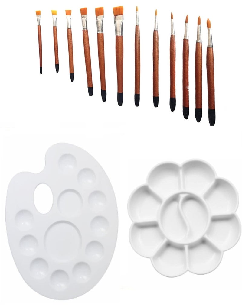 KHYATI Oval Big and Flower Big Colour Mixing Palette Plate with Willson Artist Round and Flat Paint Brushes Set of 12 - Image 1