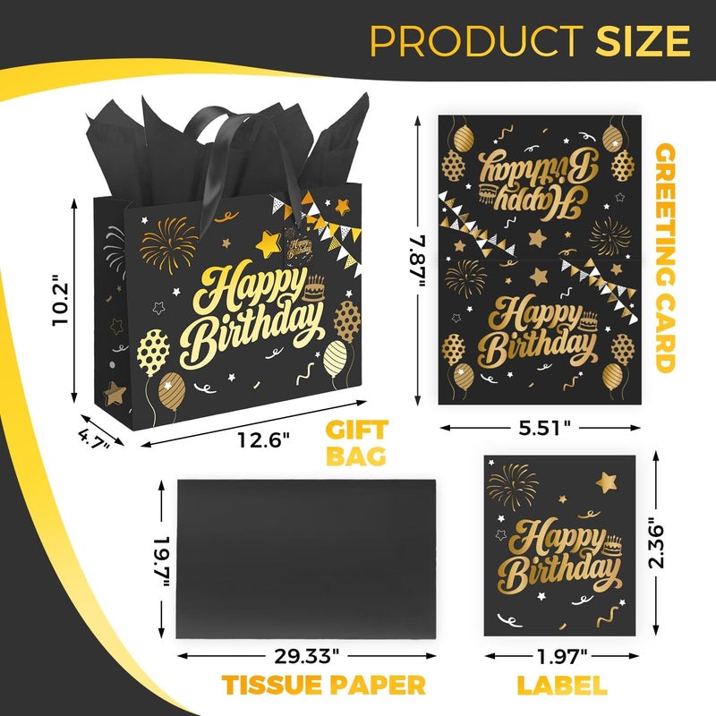 Sipthene 13” Black Birthday Gift Bag with Tissue Paper and Greeting Card - Happy Birthday Design - Image 3