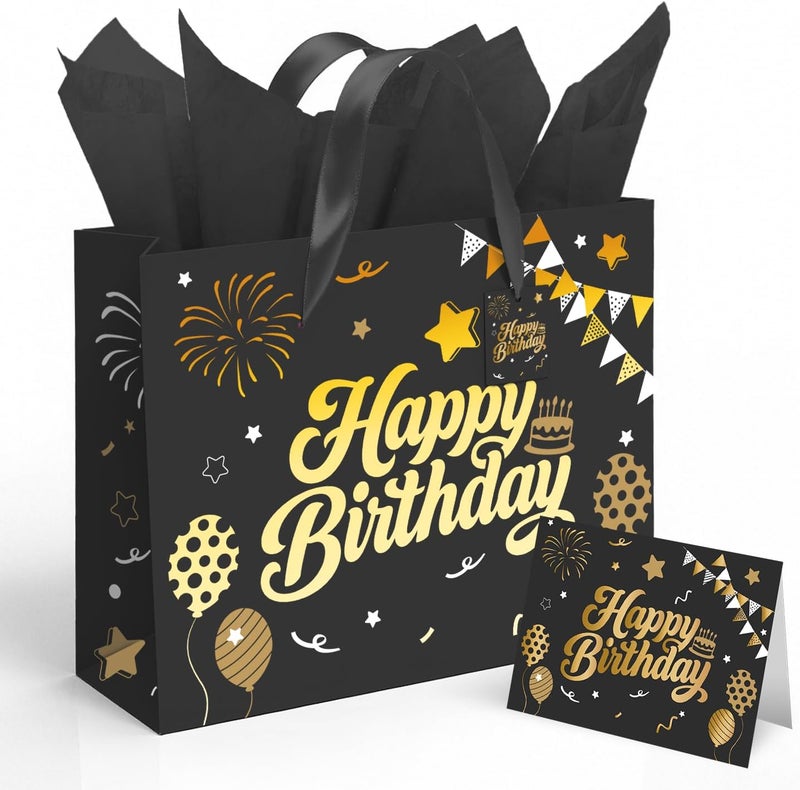 Sipthene 13” Black Birthday Gift Bag with Tissue Paper and Greeting Card - Happy Birthday Design - Image 1