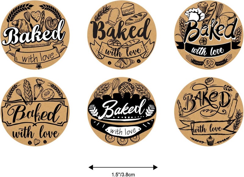 Cualfec 600 Baked with Love Stickers 1.5" Round Natural Kraft 6 Unique Design Perfect for Baked Goods Packing and Wrapping, Add Unique Touch to Your Business and Homemade Cookies - Image 3