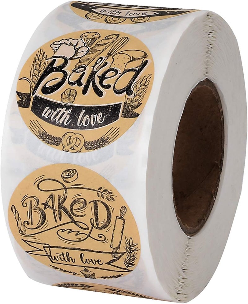 Cualfec 600 Baked with Love Stickers 1.5" Round Natural Kraft 6 Unique Design Perfect for Baked Goods Packing and Wrapping, Add Unique Touch to Your Business and Homemade Cookies - Image 1