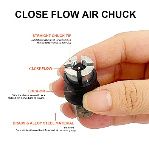 JINKEY Lock On Air Chuck for Schrader Valve, 1/4" FNPT Heavy Duty Brass Close Flow Straight Locking Tire Chuck Quick Release Air Chuck for Pressure Gauge Tire Inflator Compressor Accessories - Image 4