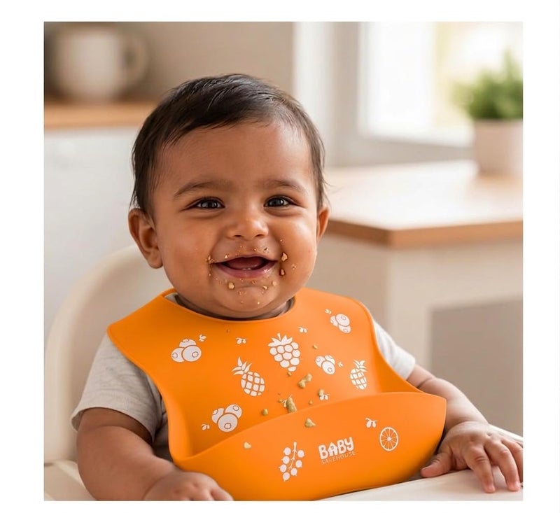 BabySafeHouse Waterproof Silicon Bib/Apron for Feeding & Weaning Infants and Toddlers, BPA Free, Reusable & Easily Washable with Adjustable Collar for 6 Months to 4 Year Olds (Orange) - Image 1