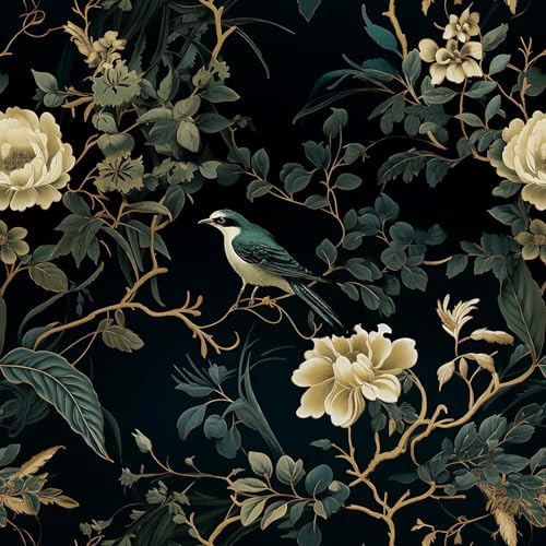 Nukofal Dark Floral Peel and Stick Wallpaper Vintage Floral Contact Paper 16.9inchx118.1inch Flowers Bird Wallpaper Peel and Stick Boho Leaf Self Adhesive Removable for Bathroom Wall Paper Decor - Image 1