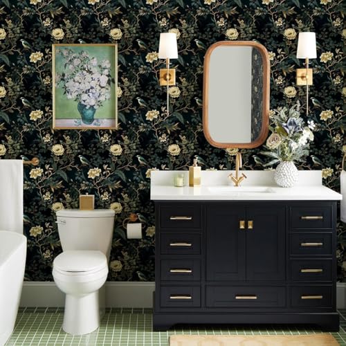 Nukofal Dark Floral Peel and Stick Wallpaper Vintage Floral Contact Paper 16.9inchx118.1inch Flowers Bird Wallpaper Peel and Stick Boho Leaf Self Adhesive Removable for Bathroom Wall Paper Decor - Image 2