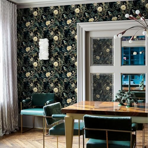 Nukofal Dark Floral Peel and Stick Wallpaper Vintage Floral Contact Paper 16.9inchx118.1inch Flowers Bird Wallpaper Peel and Stick Boho Leaf Self Adhesive Removable for Bathroom Wall Paper Decor - Image 4