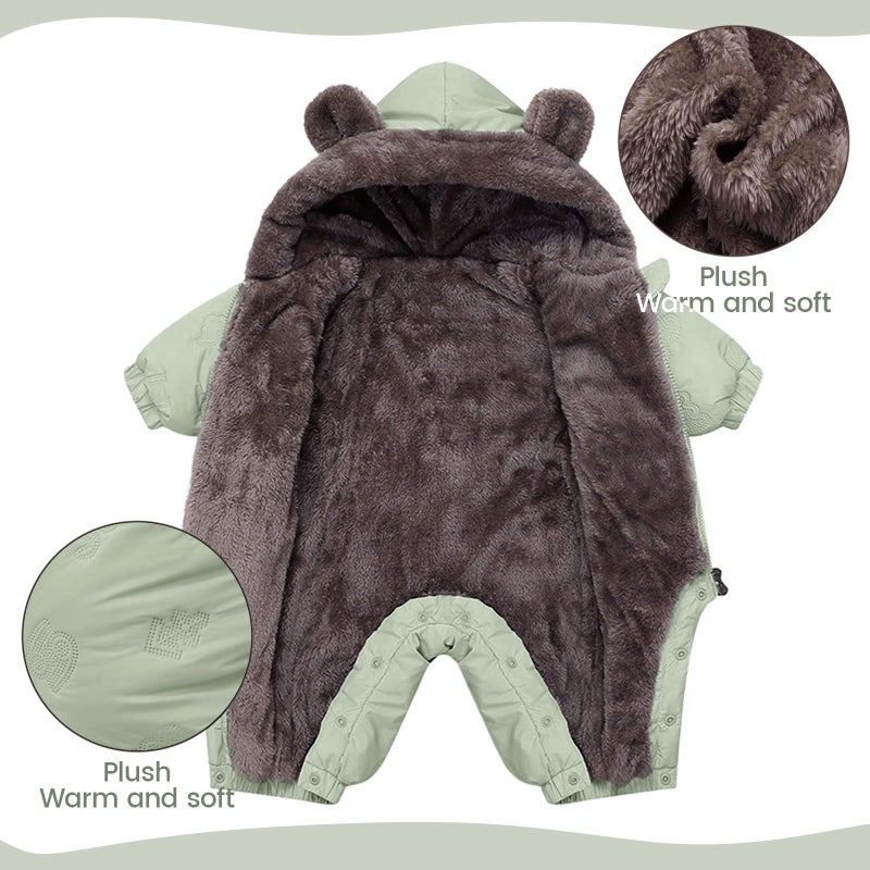 JiAmy Baby Snowsuit Newbron Hooded Winter Outfit Clothes Infant Warm Bear Onesie Zipper Coat Jumpsuit Romper Newborn Green 6-12 Months - Image 3