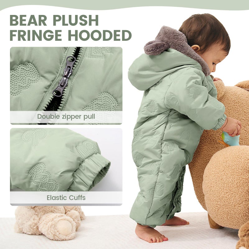 JiAmy Baby Snowsuit Newbron Hooded Winter Outfit Clothes Infant Warm Bear Onesie Zipper Coat Jumpsuit Romper Newborn Green 6-12 Months - Image 2