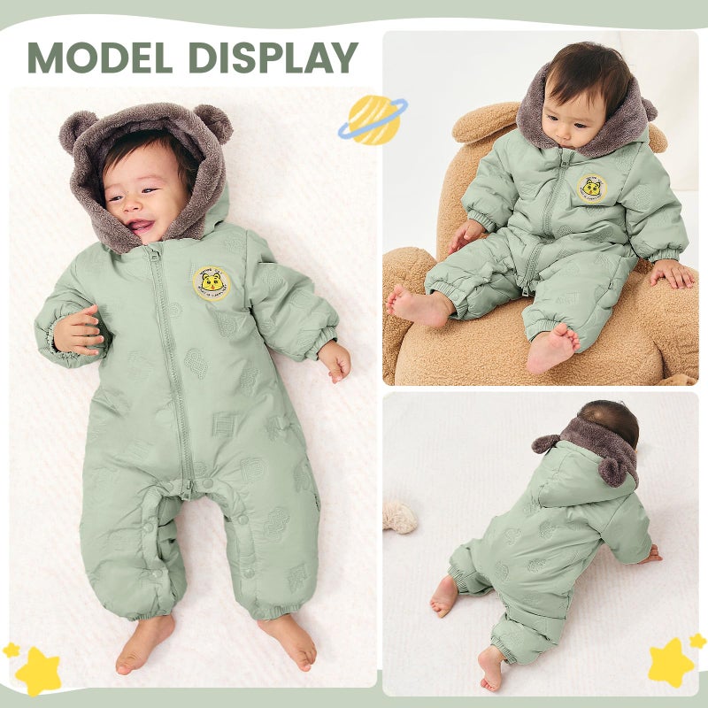 JiAmy Baby Snowsuit Newbron Hooded Winter Outfit Clothes Infant Warm Bear Onesie Zipper Coat Jumpsuit Romper Newborn Green 6-12 Months - Image 4