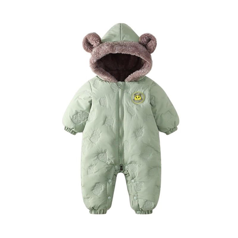 JiAmy Baby Snowsuit Newbron Hooded Winter Outfit Clothes Infant Warm Bear Onesie Zipper Coat Jumpsuit Romper Newborn Green 6-12 Months - Image 1