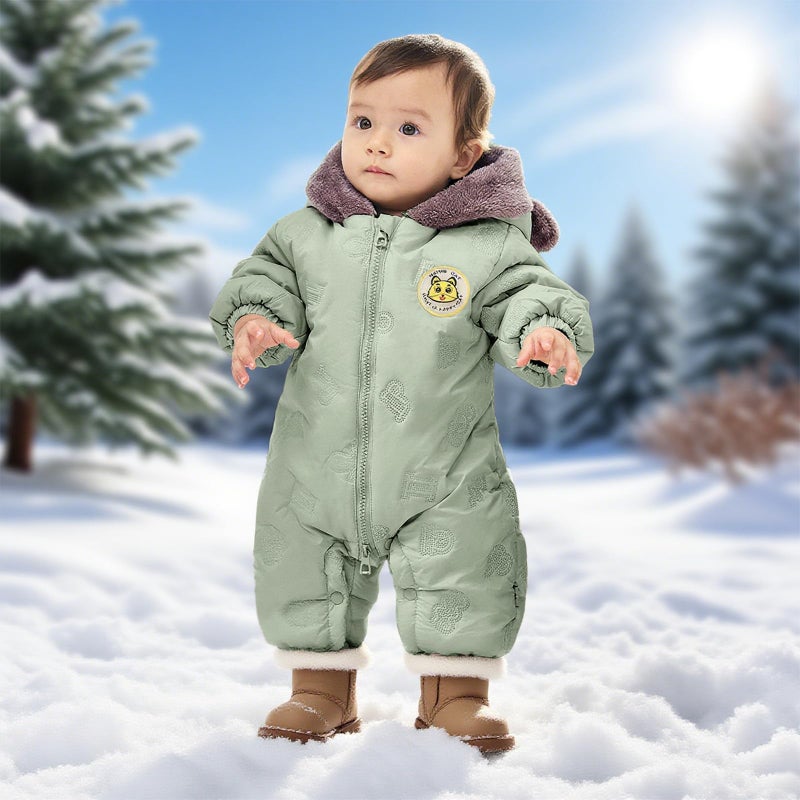 JiAmy Baby Snowsuit Newbron Hooded Winter Outfit Clothes Infant Warm Bear Onesie Zipper Coat Jumpsuit Romper Newborn Green 6-12 Months - Image 5
