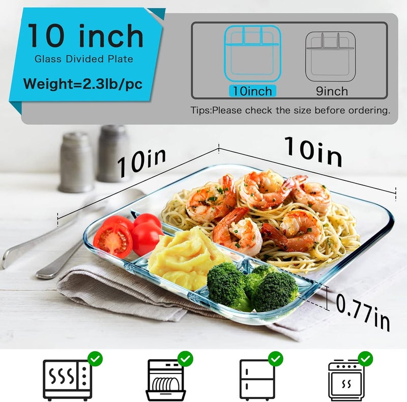 NUTRIUPS Glass Divided Plate with 4 Compartments 1 Piece 10inch Divided Dinner Plates Breakfast Plate with Dividers Divided Dish - Image 2