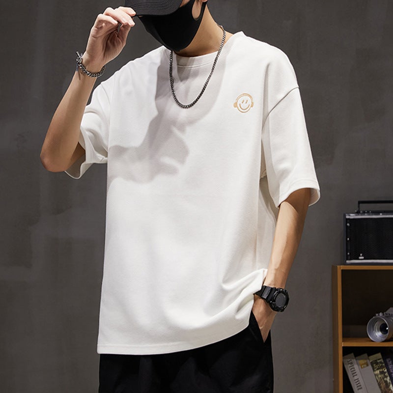 250g Heavy Short Sleeve T-shirt Men's Summer Fashion Brand Loose plus size Crewneck Smiley Printed Half Sleeve T-shirt Top - Image 4
