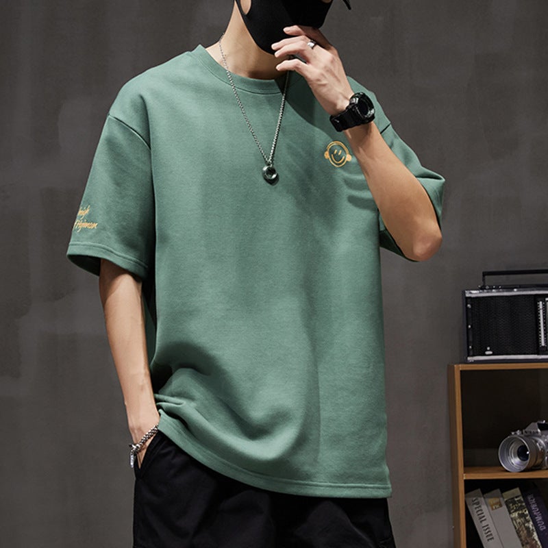 250g Heavy Short Sleeve T-shirt Men's Summer Fashion Brand Loose plus size Crewneck Smiley Printed Half Sleeve T-shirt Top - Image 5