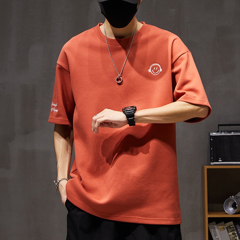 250g Heavy Short Sleeve T-shirt Men's Summer Fashion Brand Loose plus size Crewneck Smiley Printed Half Sleeve T-shirt Top - Image 3