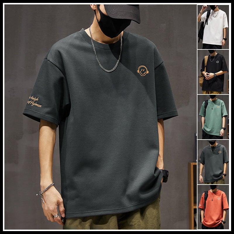 250g Heavy Short Sleeve T-shirt Men's Summer Fashion Brand Loose plus size Crewneck Smiley Printed Half Sleeve T-shirt Top - Image 2